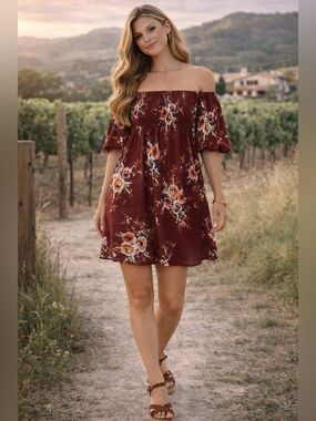 Floral Midi Dress in Burgundy Smocked Front Size 18 Boho Prairie Peasant